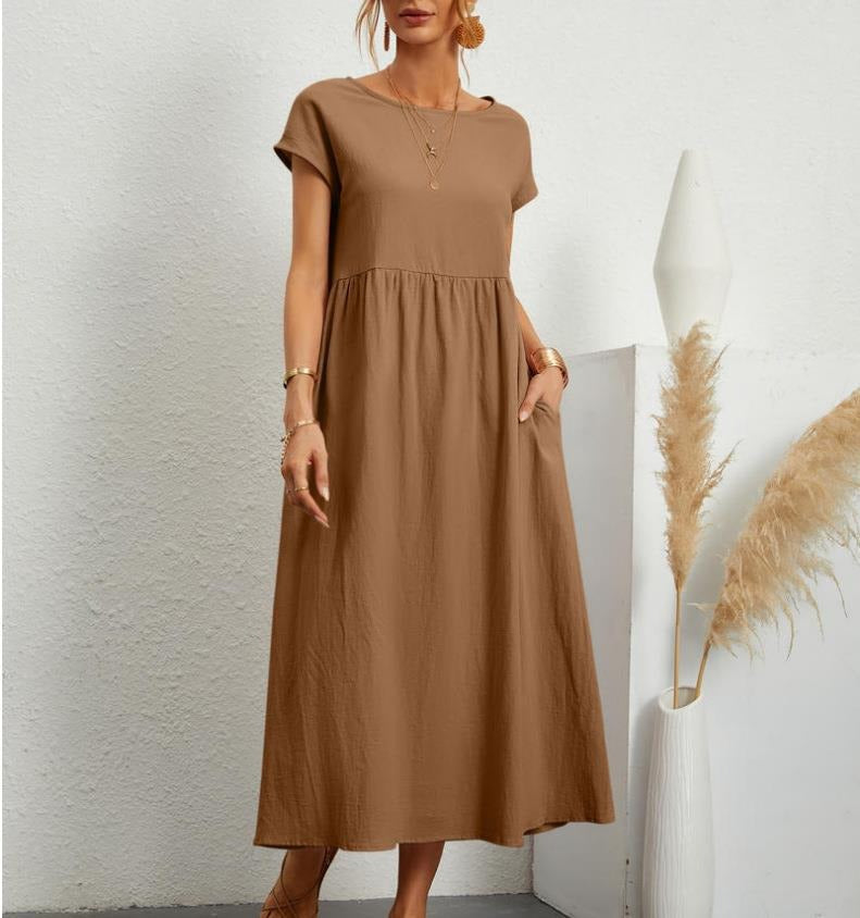 Solid color sleeveless loose pocket cotton linen dress