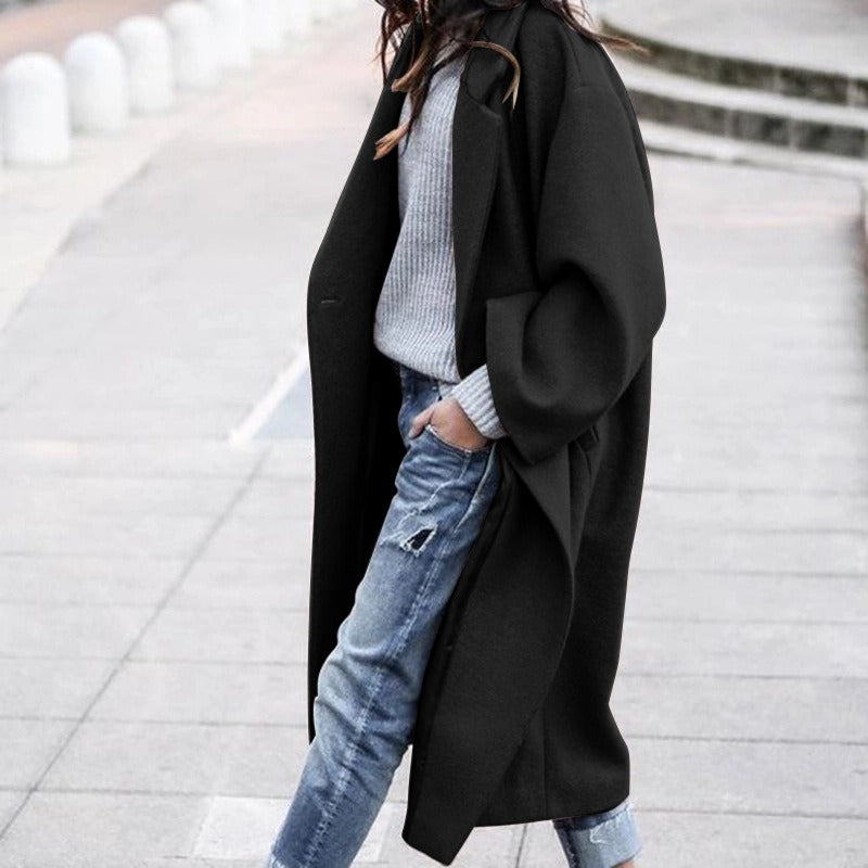 Women's Casual Long Solid Color Woollen Jacket