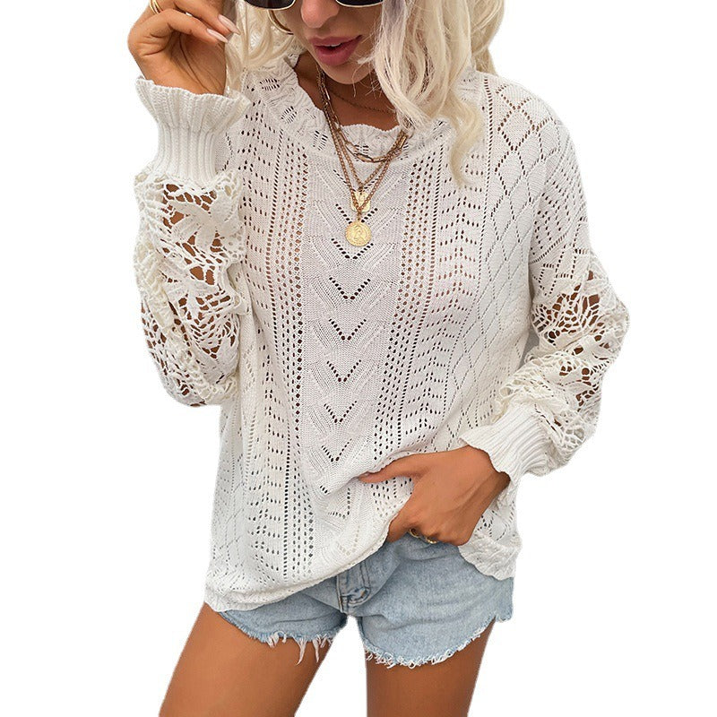 Women's Wear Autumn and Winter Lace Splice Knitwear New Hollow Sweater