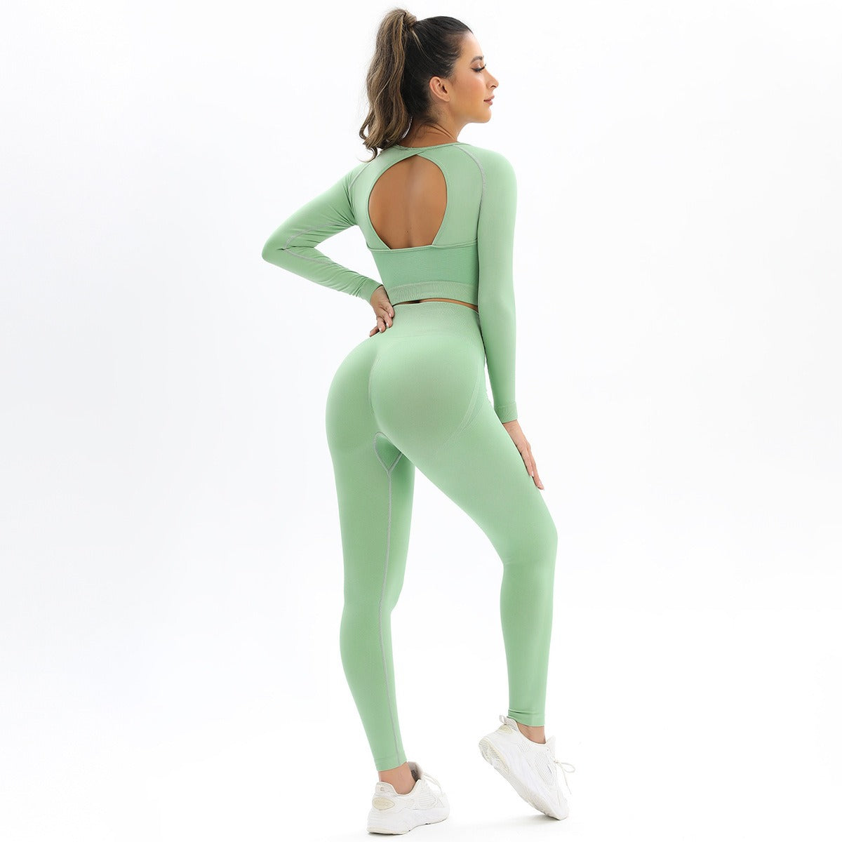 Peach Seamless Knitting Backless High Elastic Long Sleeve Yoga Suit Sports Running Fitness Two-Piece Set For Women