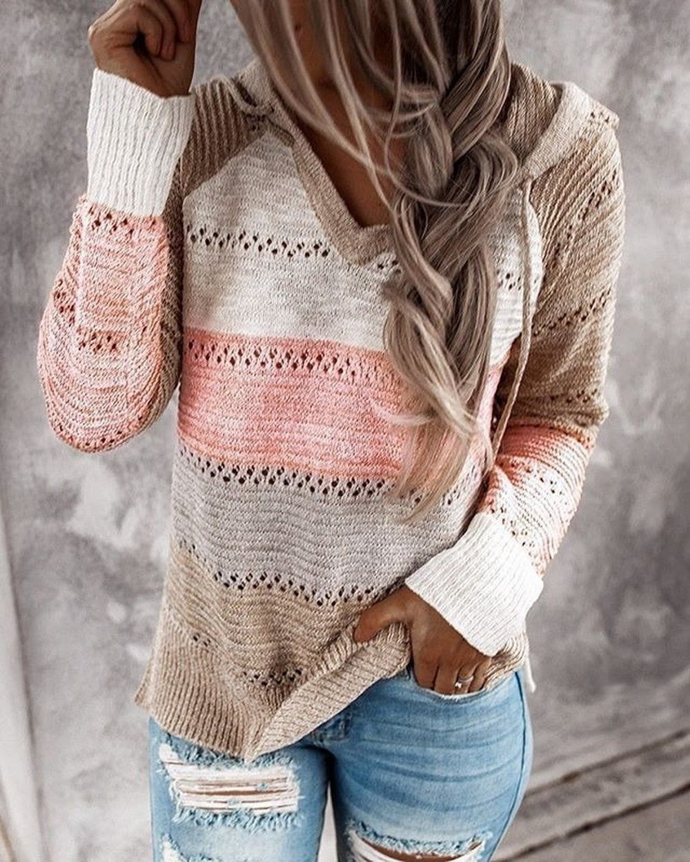 Autumn Winter Sweaters Women Hollow Long Sleeve Sweater Hoodie Tops V Neck Patchwork Casual Knitted Elegant Pullover Jumper