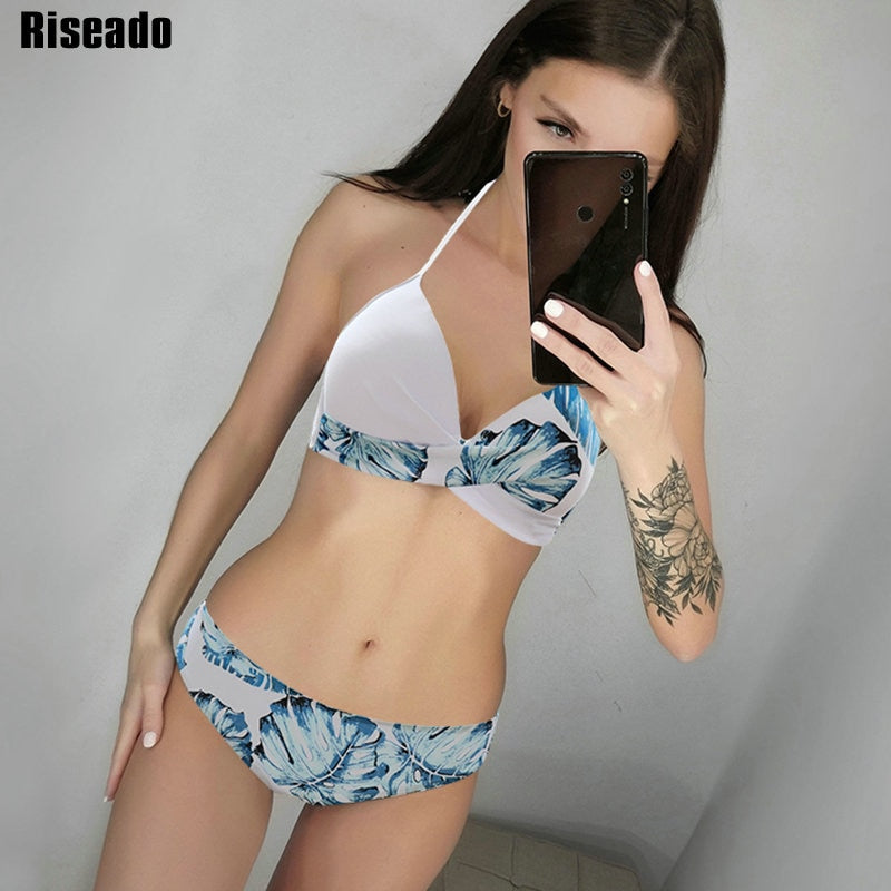 Riseado Sexy Push Up Bikinis Set Swimwear Women Swimsuits Bathing Suit Women Halter biquini Leaf Print Beach Wear Bikini