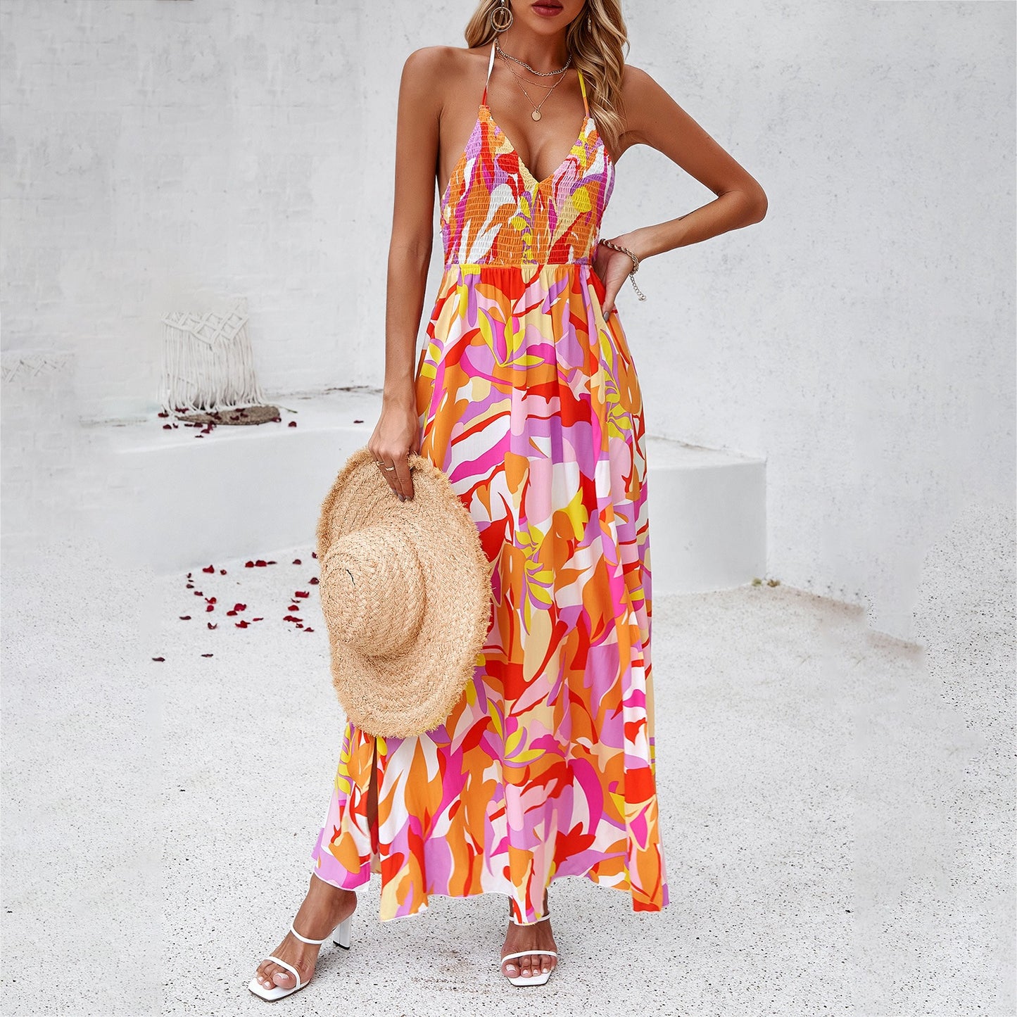 Kleid Frühling Sommer Freizeit Urlaub Print Neckholderkleid