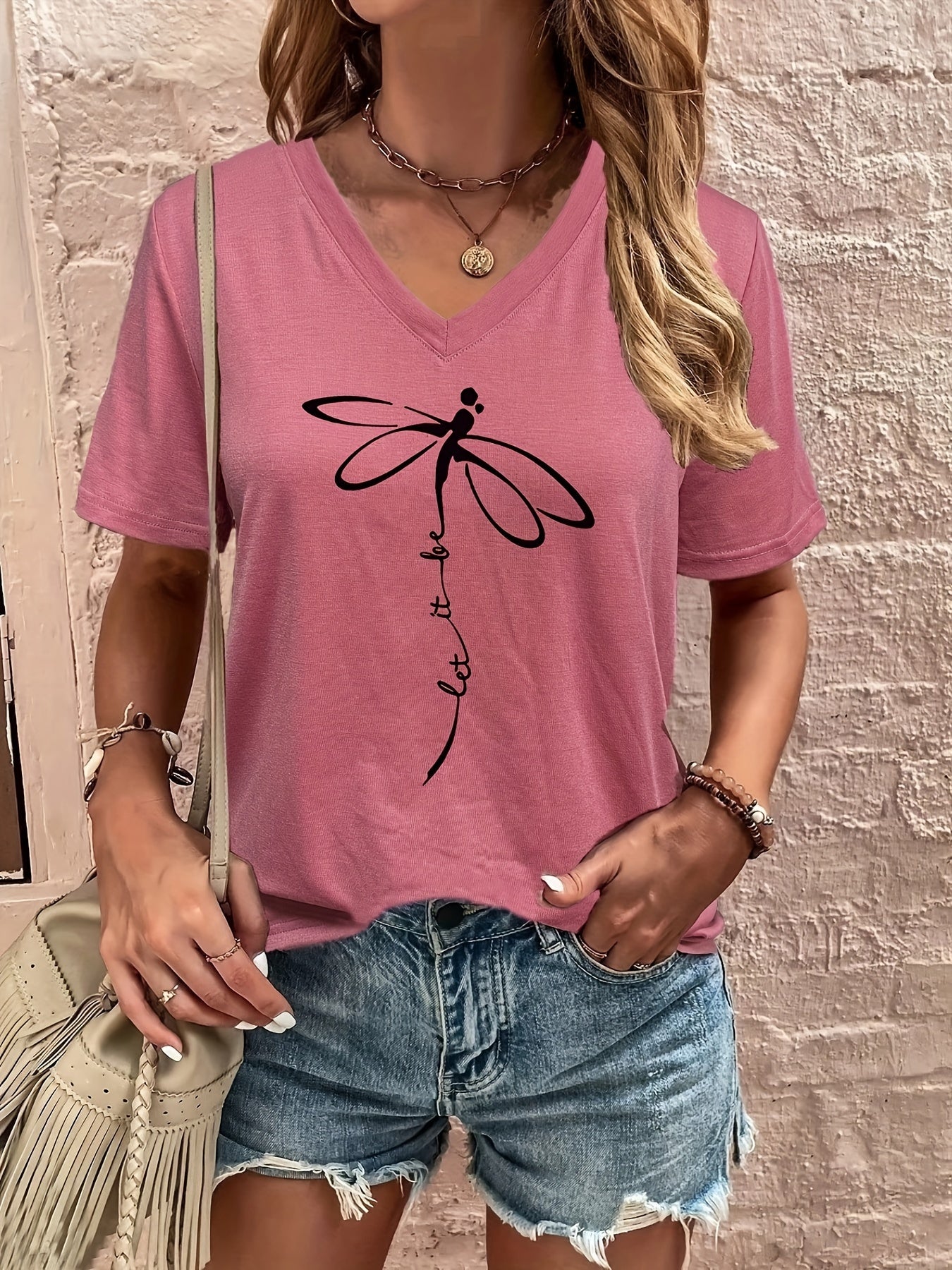 Dragonfly & Letter Print V Neck T-shirt, Casual Short Sleeve T-shirt For Summer, Women's Clothing