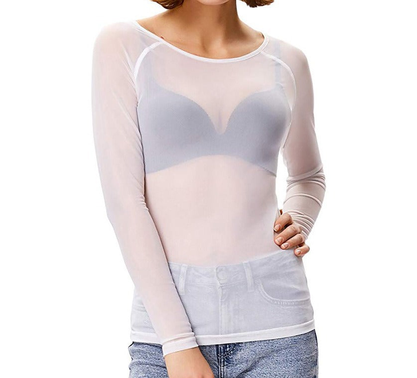 Mesh-Unterhemd für Damen, langärmliges, dünnes Mesh-Shirt, elastisches Oberteil für Damenbekleidung