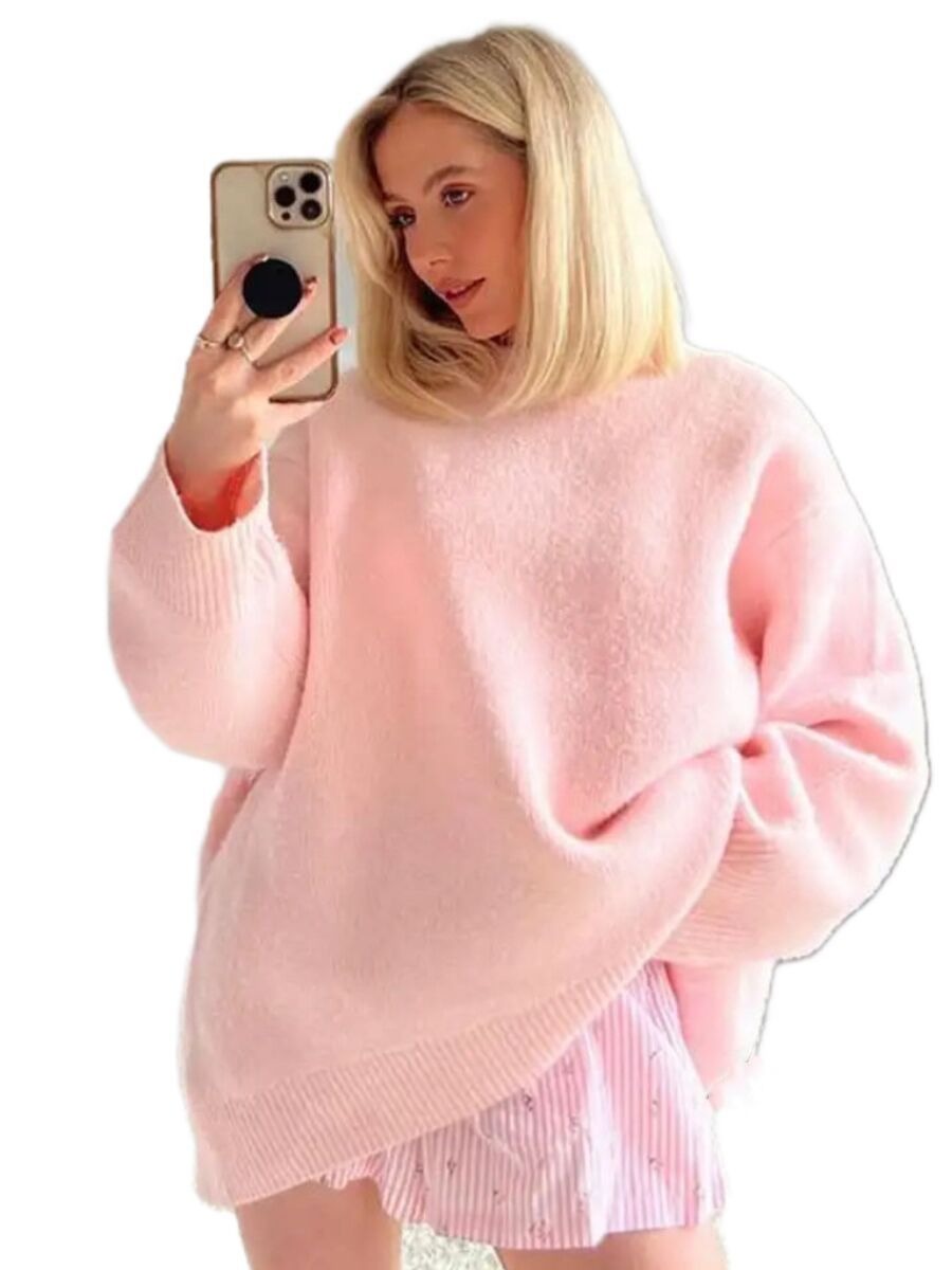 Round Neck Barbie Pink Loose Casual Pullover Sweater