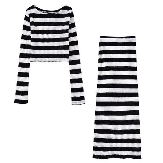 Autumn Women's Black And White Striped Top+Elastic Knitting Skirt Suit