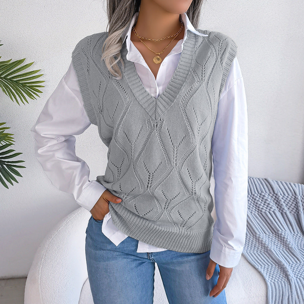 Street Style Hollow Diamond V-Neck Knitted Vest Sweater