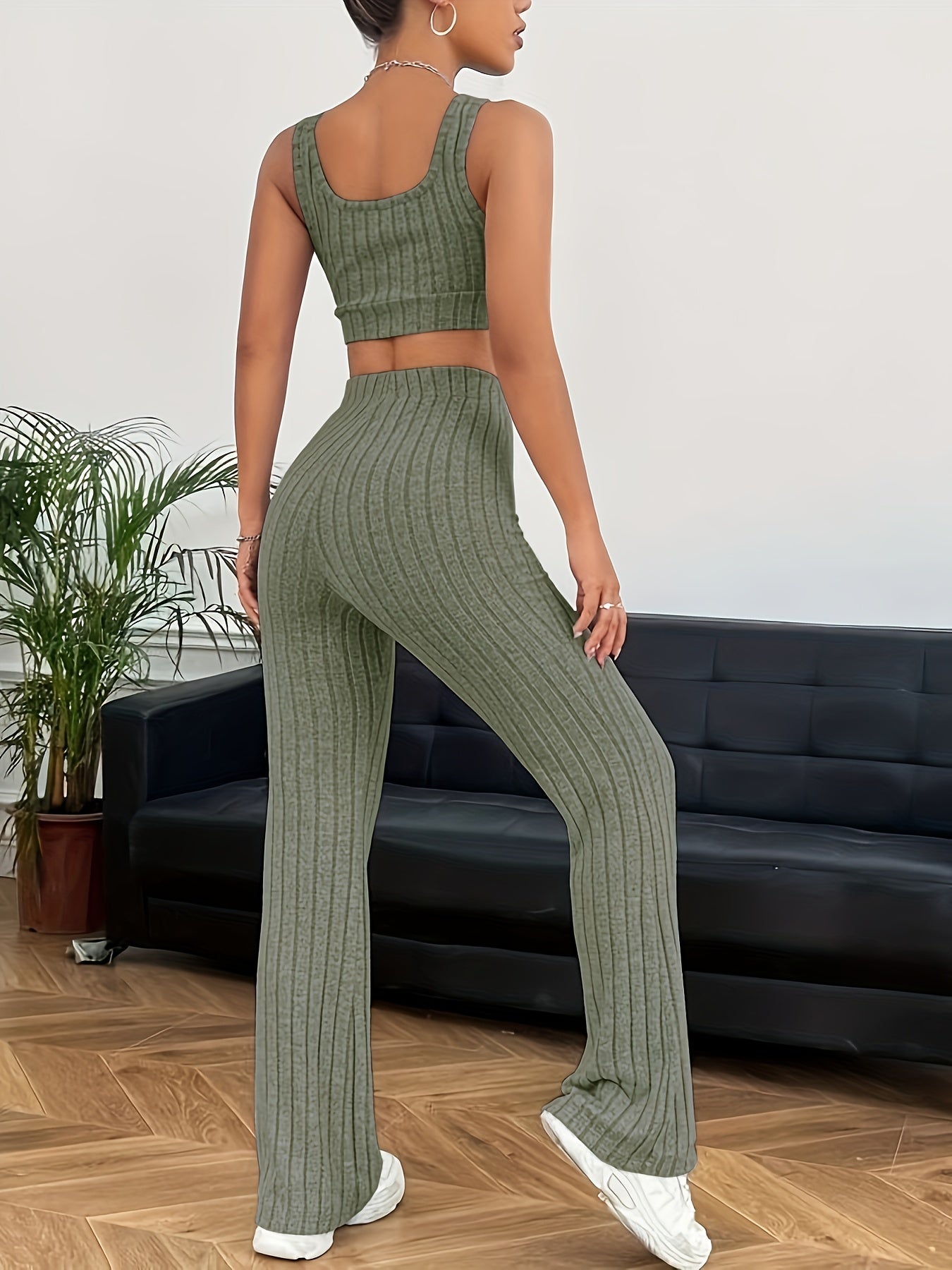 Ribbed Casual Two-piece Set, Crop Tank Top & High Waist Pants Outfits, Women's Clothing