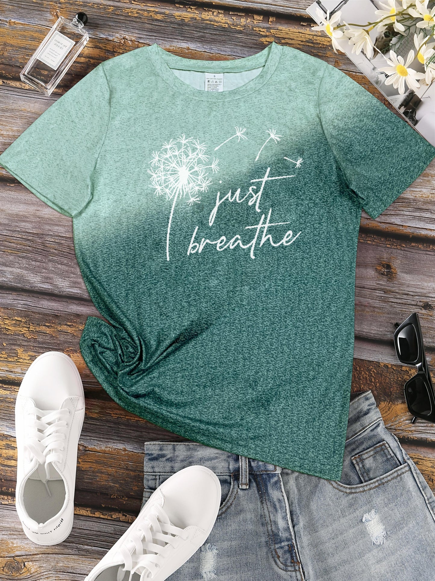 Just Breathe & Dandelion Print T-shirt, Casual Crew Neck Short Sleeve Top, Women's Clothing