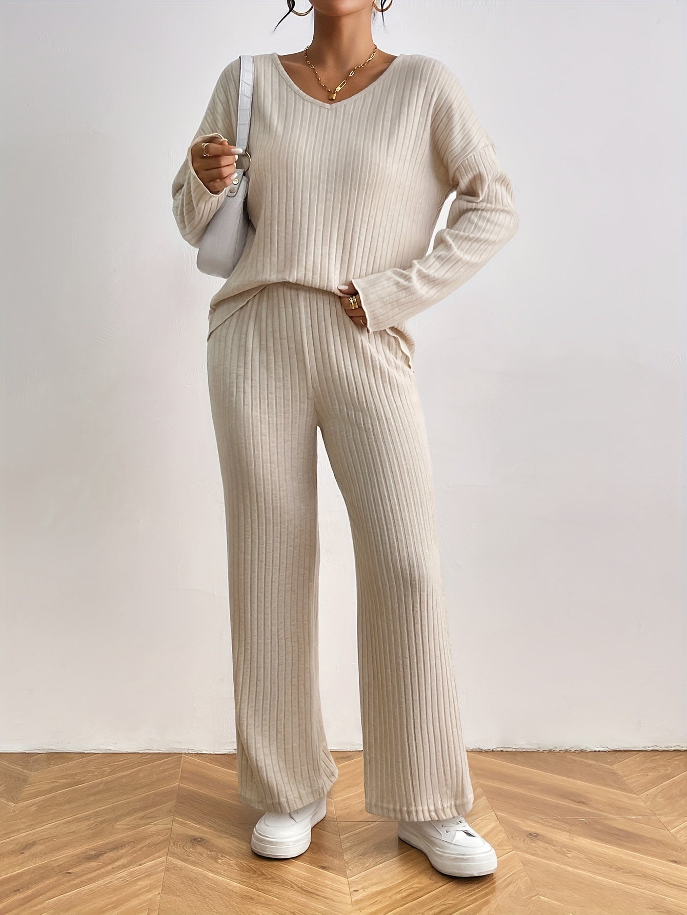 Women's Casual Ribbed Two-Piece Set: V-Neck Long Sleeve Top & Pants