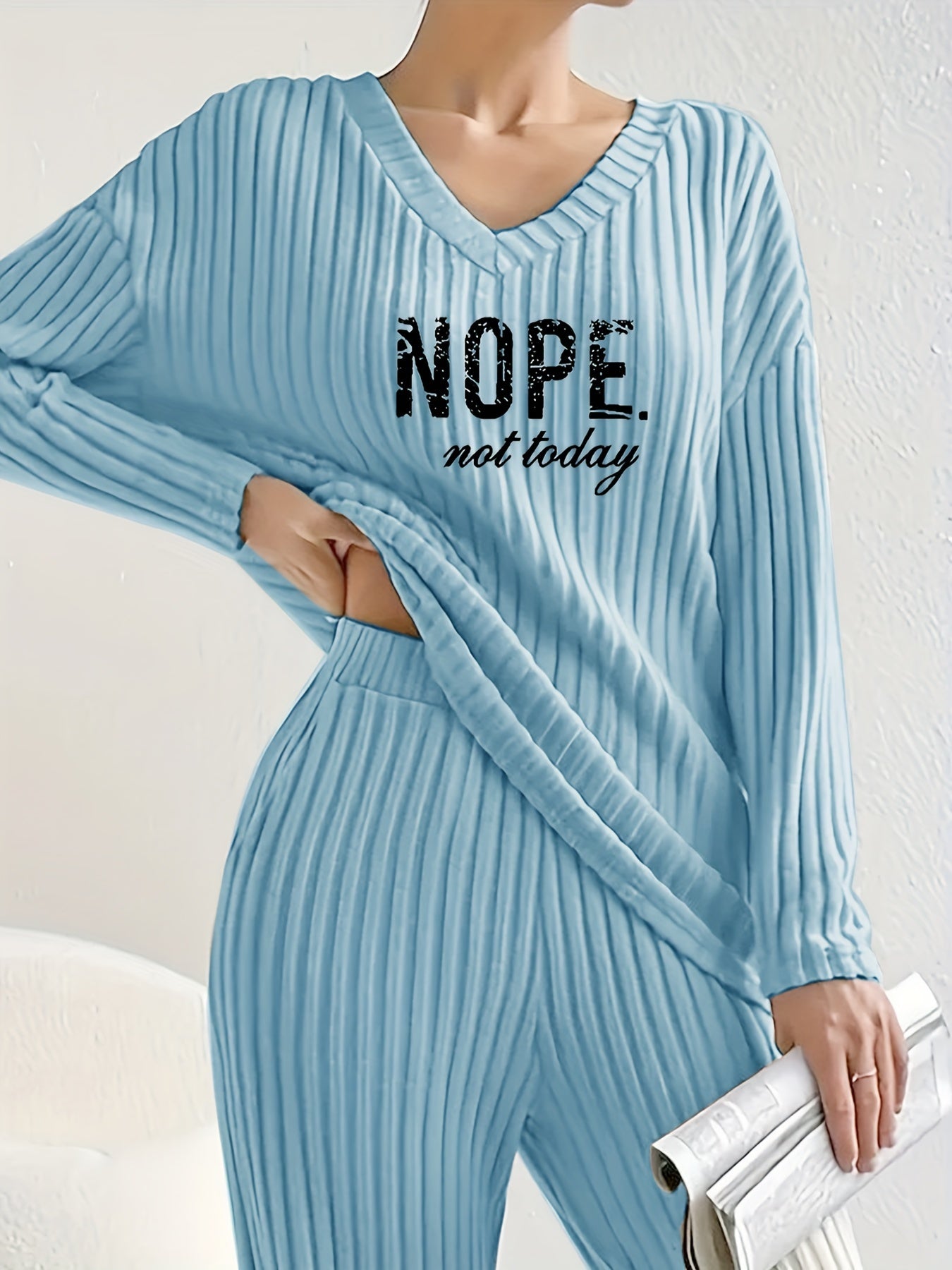 Women’s Casual Two-Piece Set: ‘NOPE’ Print V-Neck Long Sleeve T-Shirt & Solid Pants