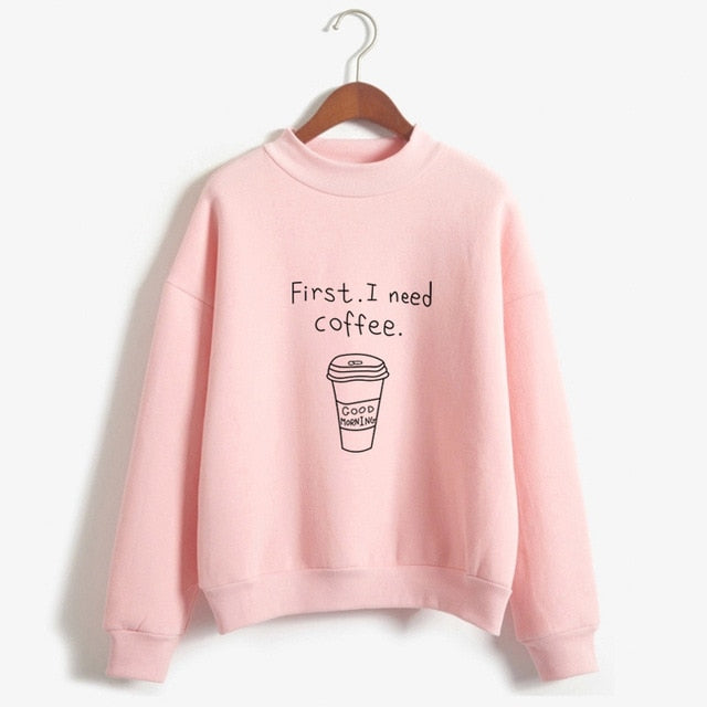 Herbst Winter Frauen Harajuku Hoodies Kawaii I Need Coffee Brief Drucken Sweatshirt Langarm Rollkragen Fleece Mädchen Pullover