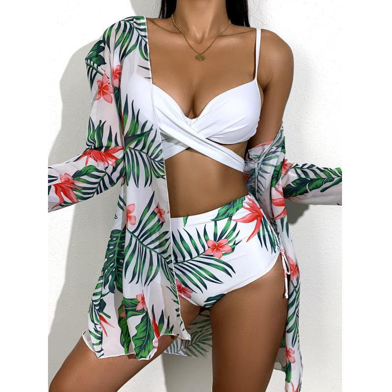 New Sexy Three Pieces Bikini Set Cover Up Swimwear Women Swimsuit Print Long Sleeve Bathing Suit Beachwear Swimming Biquini