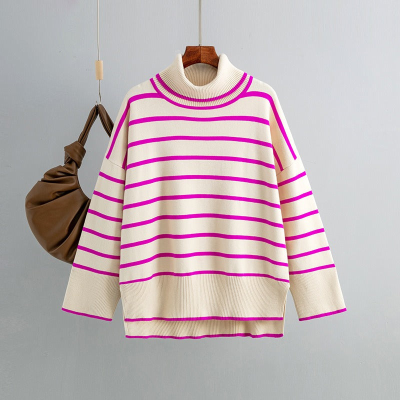 Elegant Autumn Winter Sweater Women Pullovers Loose Striped Casual Knit Chic Jumper Women Sweater