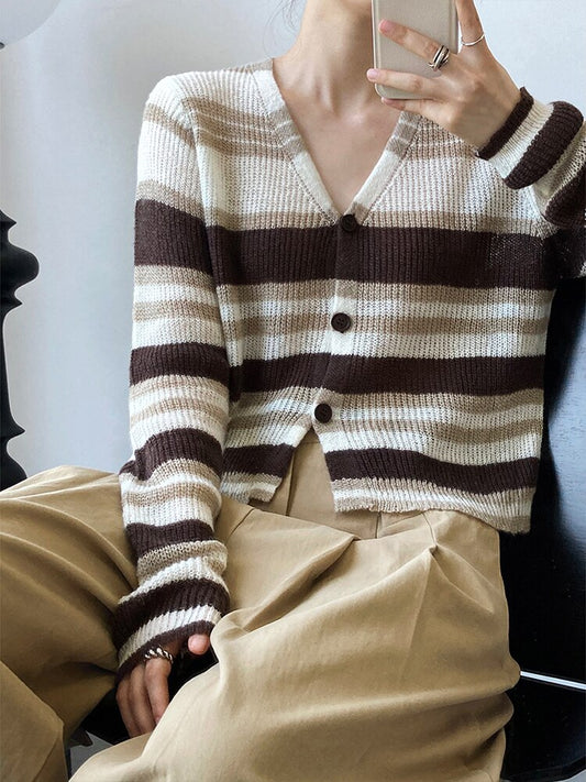 Blue Striped Thin Knitting Cardigan Sweater Loose Fit V-Neck Long Sleeve Women New Fashion Trend Autumn Winter