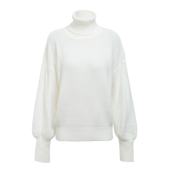 Turtleneck red winter sweater women knit Lantern sleeve white sweater female Loose oversized pullover knitted jumper