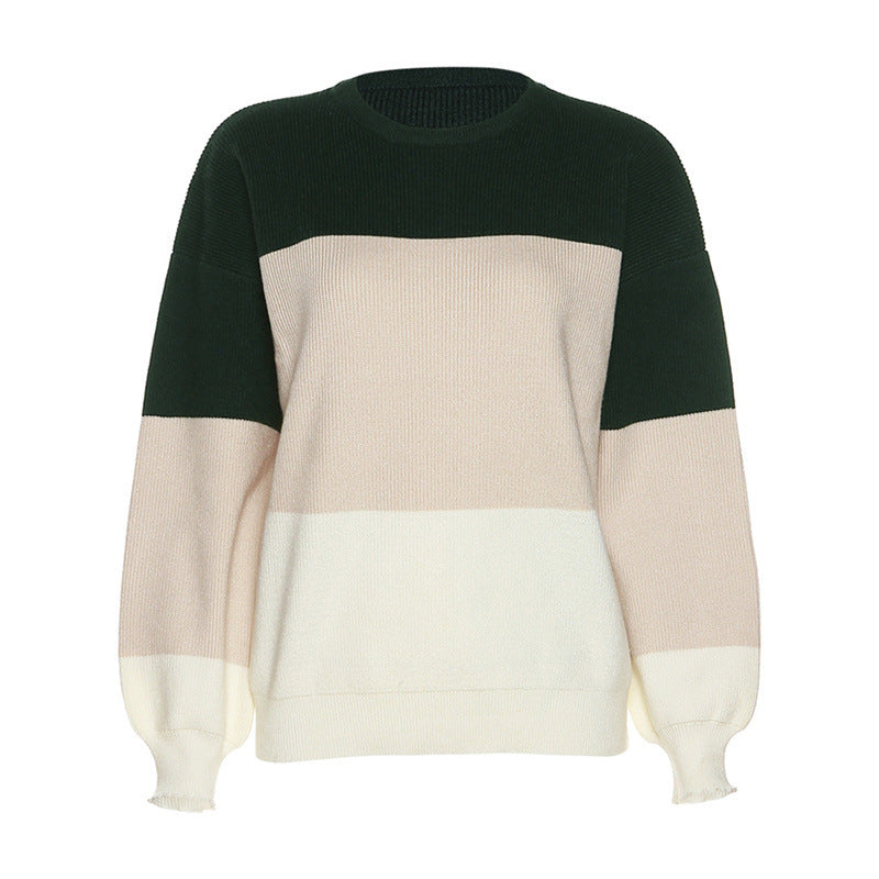 Autumn Women's New Fashion Color Contrast Splice Slim Round Neck Long Sleeve Slim Knitted Sweater