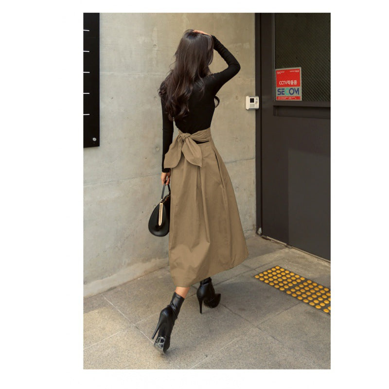 Skirts Womens Korean Fashion Solid Color Big Swing Ladies Skirt Long Skirt  Autumn Wild High Waist Bow Slim Skirts