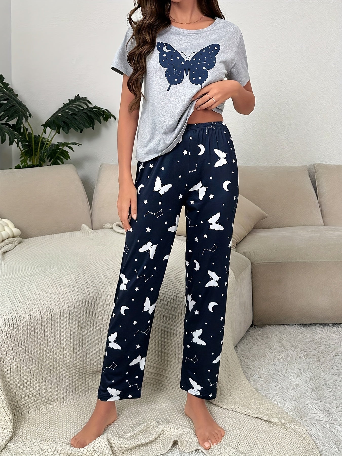 Women's Butterfly & Constellation Print Casual Pajama Set, Short Sleeve Round Neck Top & Pants, Comfortable Relaxed Fit