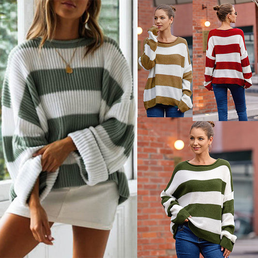 Women's Sweater – Rolled Edge Round Neck Striped Color Matching Knitted Sweater