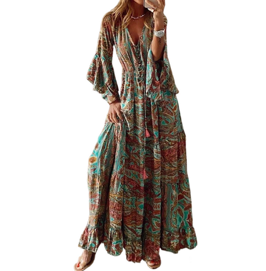 Bohemian Retro-Druck, hohe Taille, Urlaubs-Blumenkleid mit 3/4-Ärmeln für Damen