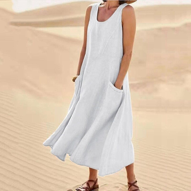 Pocket sleeveless round neck women's cotton and linen dress