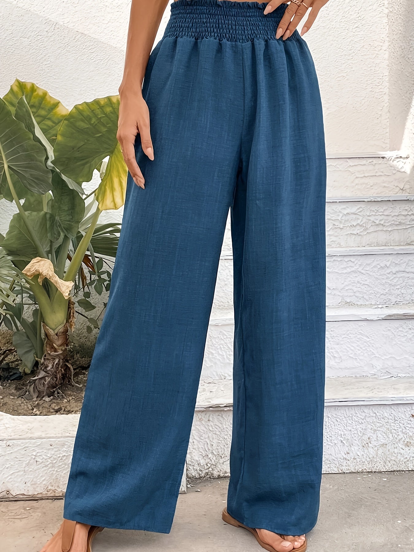 Solid Color Wide Leg Pants, Casual Shirred Loose Pants For Spring & Summer, Women's Clothing