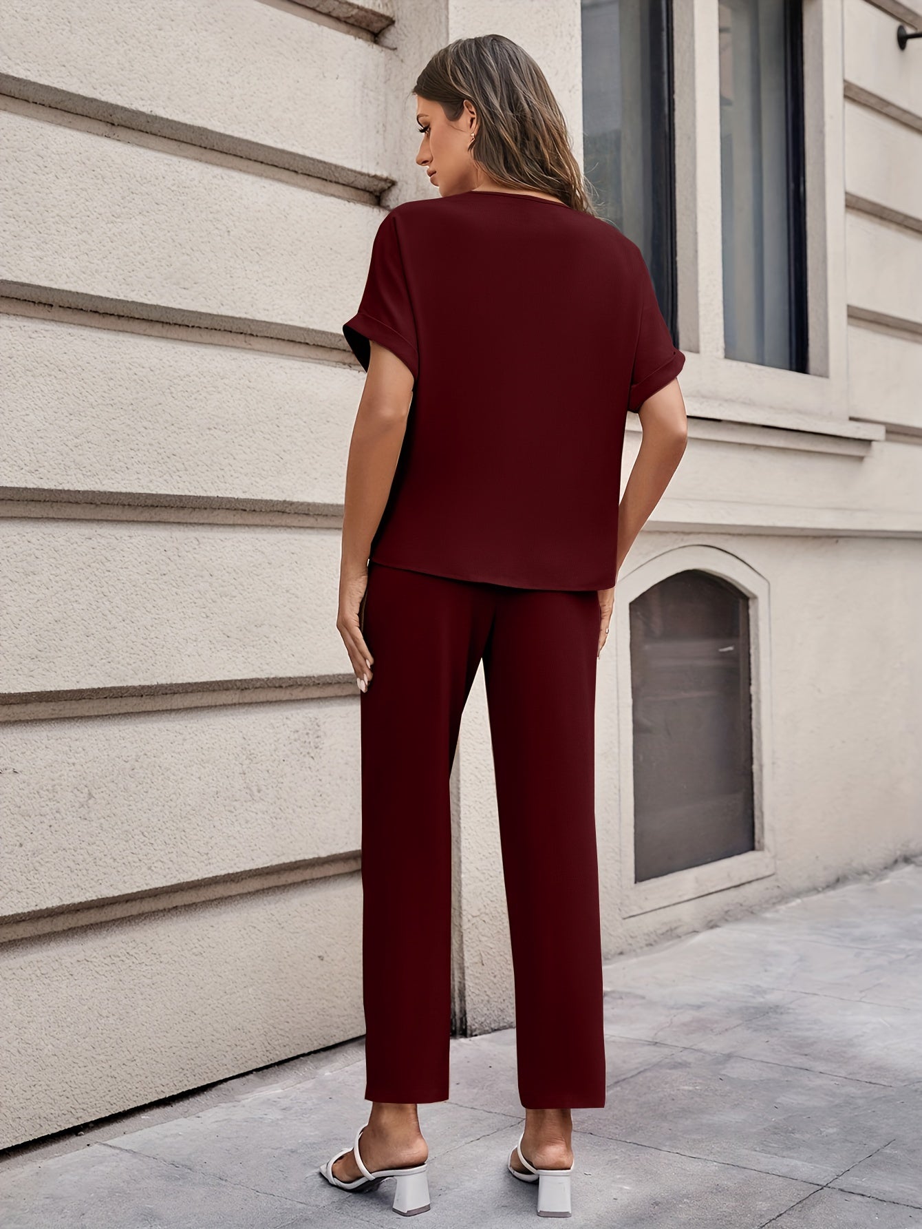 Elegant Solid Color Pants Set, Notched Neck Short Sleeve Blouse & Belted Straight Leg Simple Pants, Women's Clothing