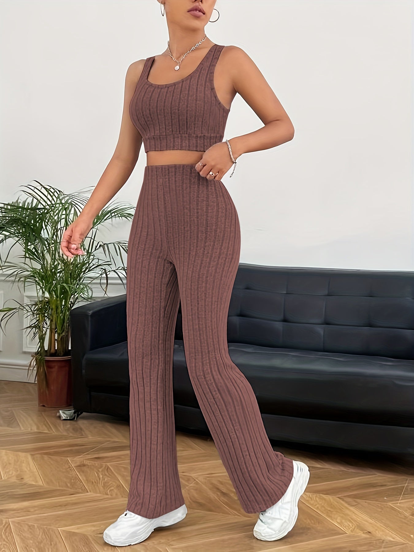 Ribbed Casual Two-piece Set, Crop Tank Top & High Waist Pants Outfits, Women's Clothing