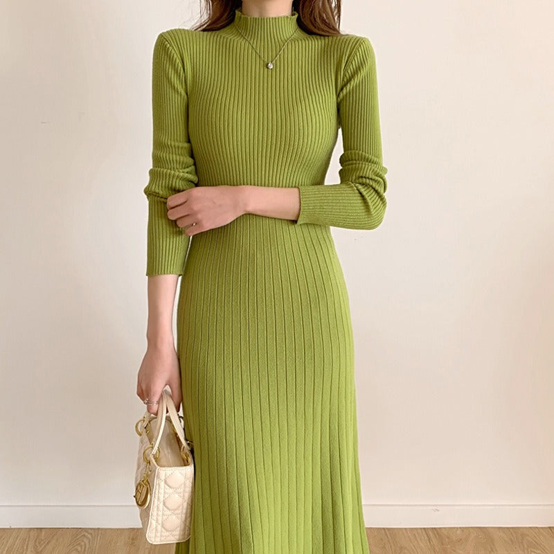 Mid length knee length sweater skirt with a half high collar and a bottom A-line knitted dress for women - Mammalook