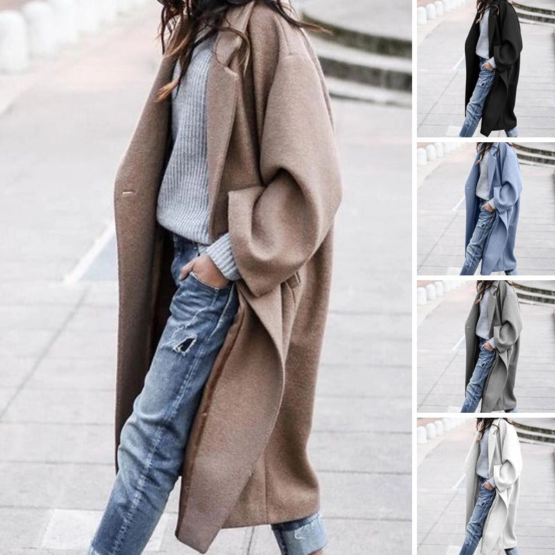 Women's Casual Long Solid Color Woollen Jacket