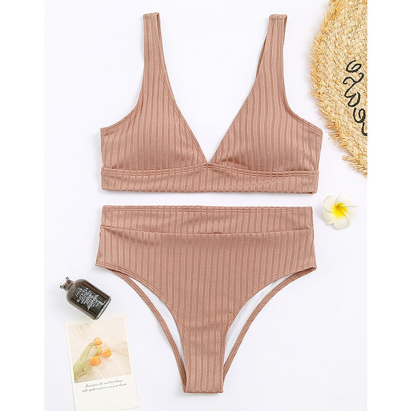 Peachtan Sexy solid ribbed bikinis 2021 mujer High waist swimsuit women V neck swimwear female Sport bathing suit Stripe biquini