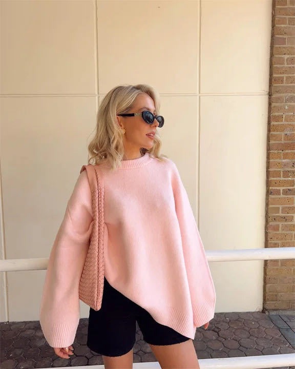 Round Neck Barbie Pink Loose Casual Pullover Sweater