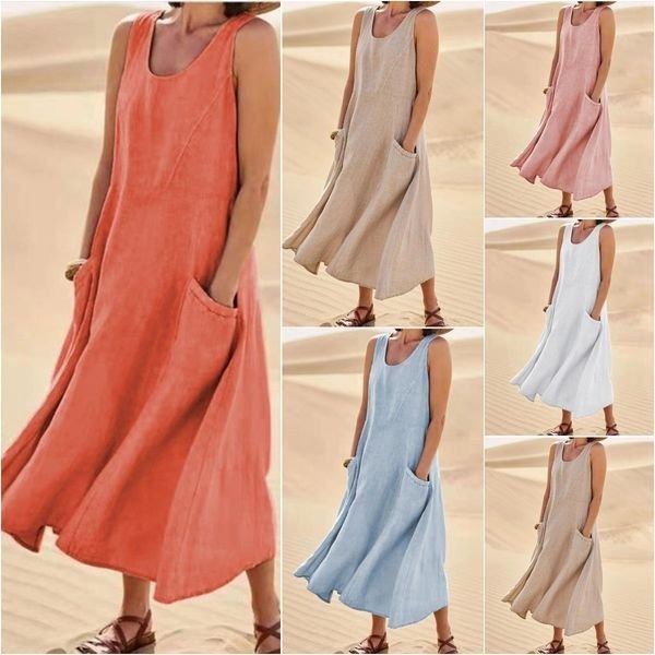 Pocket sleeveless round neck women's cotton and linen dress