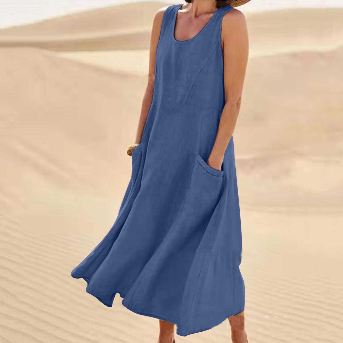 Pocket sleeveless round neck women's cotton and linen dress