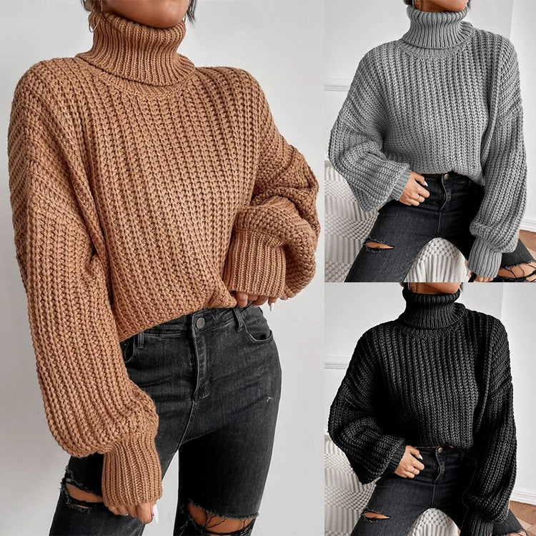 Fall Shoulder Long Sleeve Knitted Turtleneck Sweater for Women