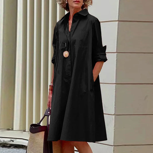 Shirt Dress - Casual Solid Color Long Sleeves with Turn-Down Collar