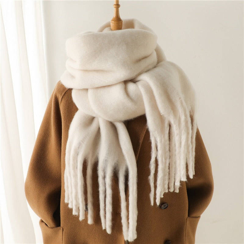 Mohair Scarf Solid Color Versatile Winter Warmth Lengthened Tassel Neck Scarf for Men and Women with Thick Beads Scarf - Mammalook