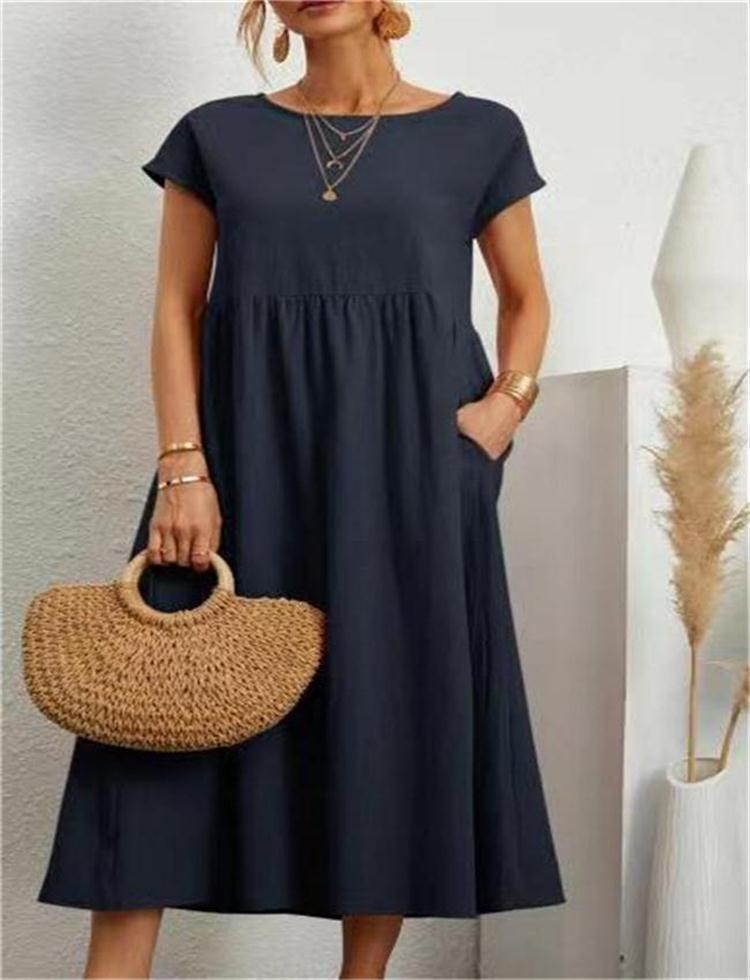 Solid color sleeveless loose pocket cotton linen dress