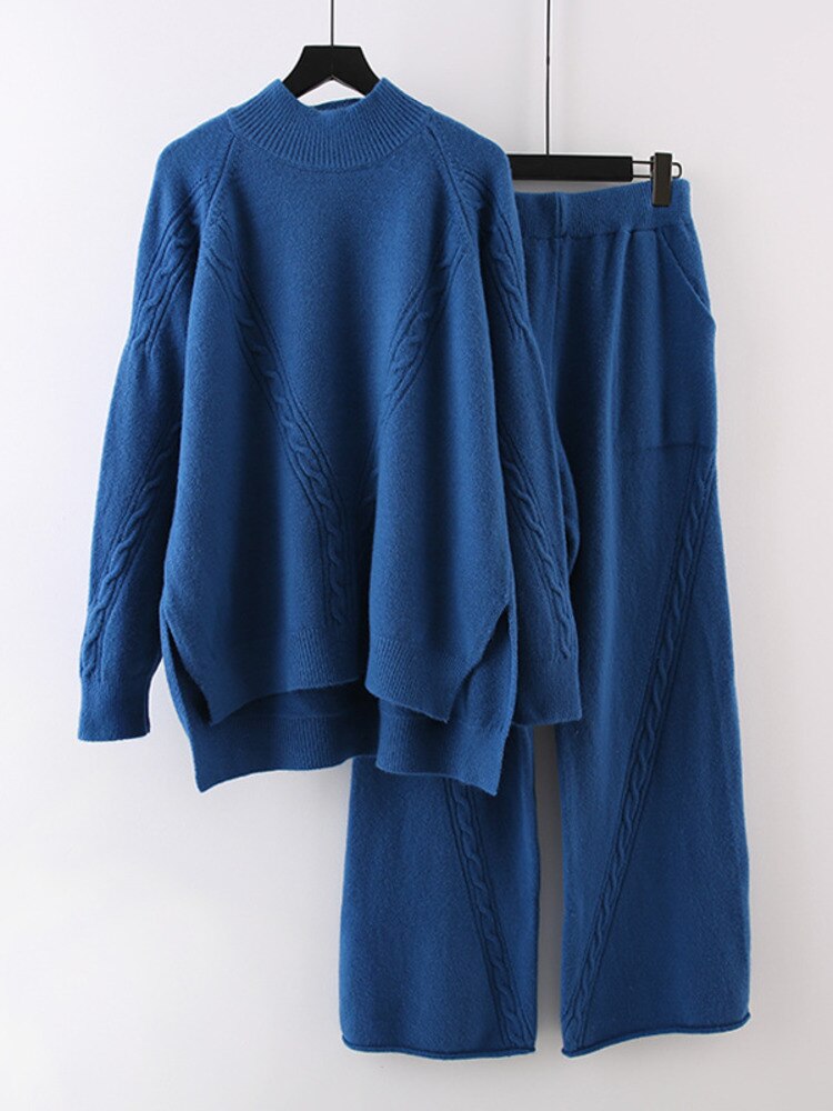 Woman Knitted Suit Hemp Pattern Irregular Thick Pullover Sweater Wide Leg Pants Casual Style New Autumn Fashion