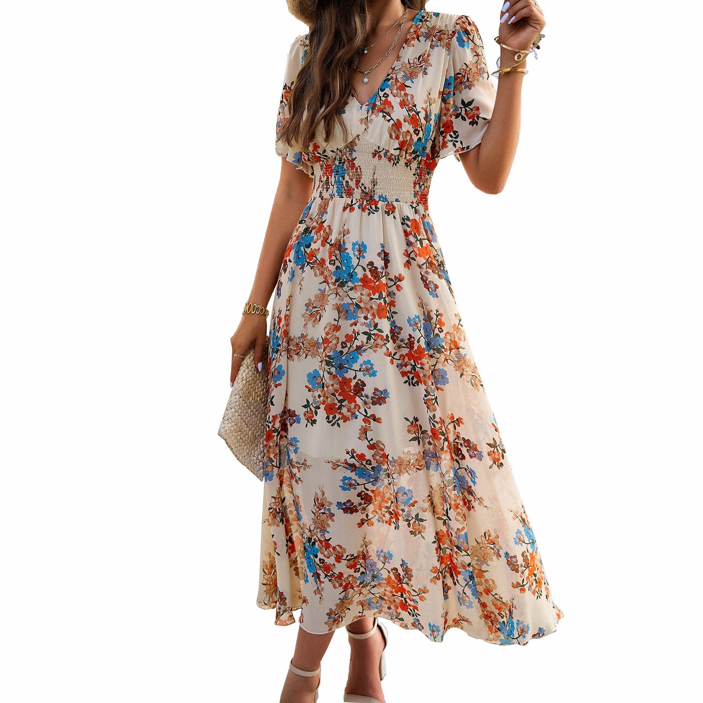 Kurzärmliges Kleid im Frühlings-/Sommerstil mit Print an der Taille für Damen