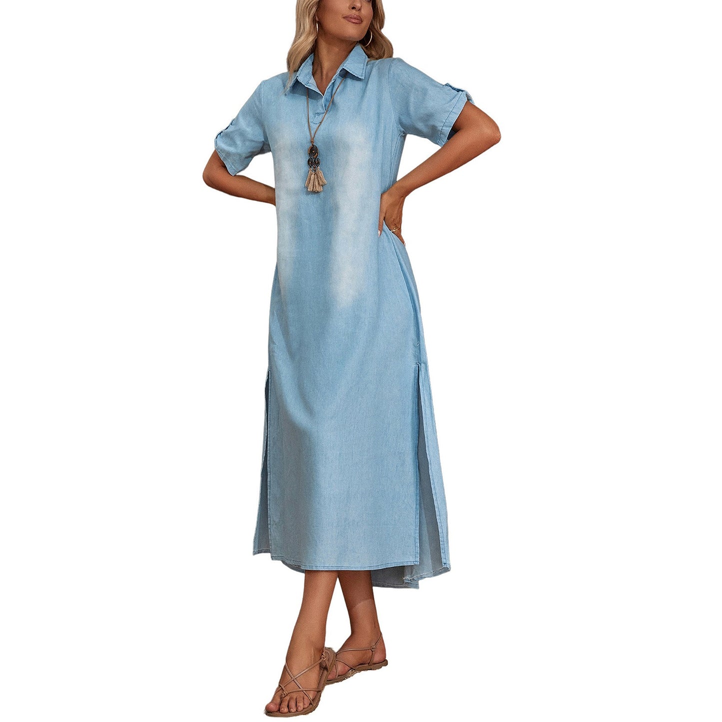 Lässiges Damen-Kleid mit Revers, Vintage-Sommer, seitlicher Schlitz am Saum, lockeres langes Jeanskleid