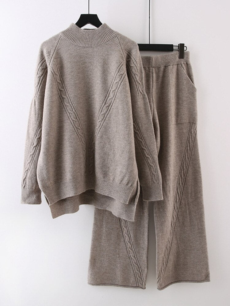 Woman Knitted Suit Hemp Pattern Irregular Thick Pullover Sweater Wide Leg Pants Casual Style New Autumn Fashion