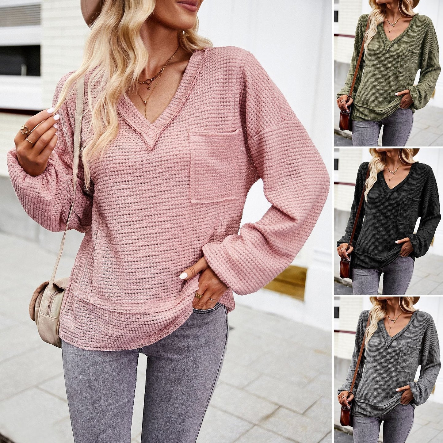 Solid color knitted shirt women's V-neck long sleeved top