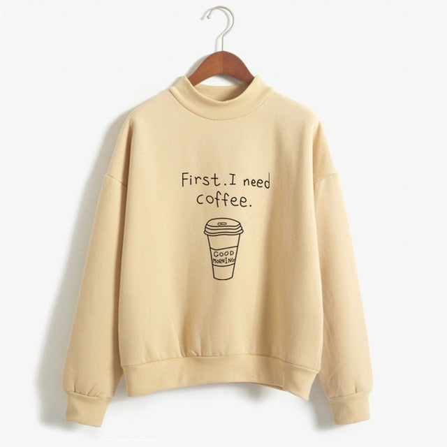 Herbst Winter Frauen Harajuku Hoodies Kawaii I Need Coffee Brief Drucken Sweatshirt Langarm Rollkragen Fleece Mädchen Pullover