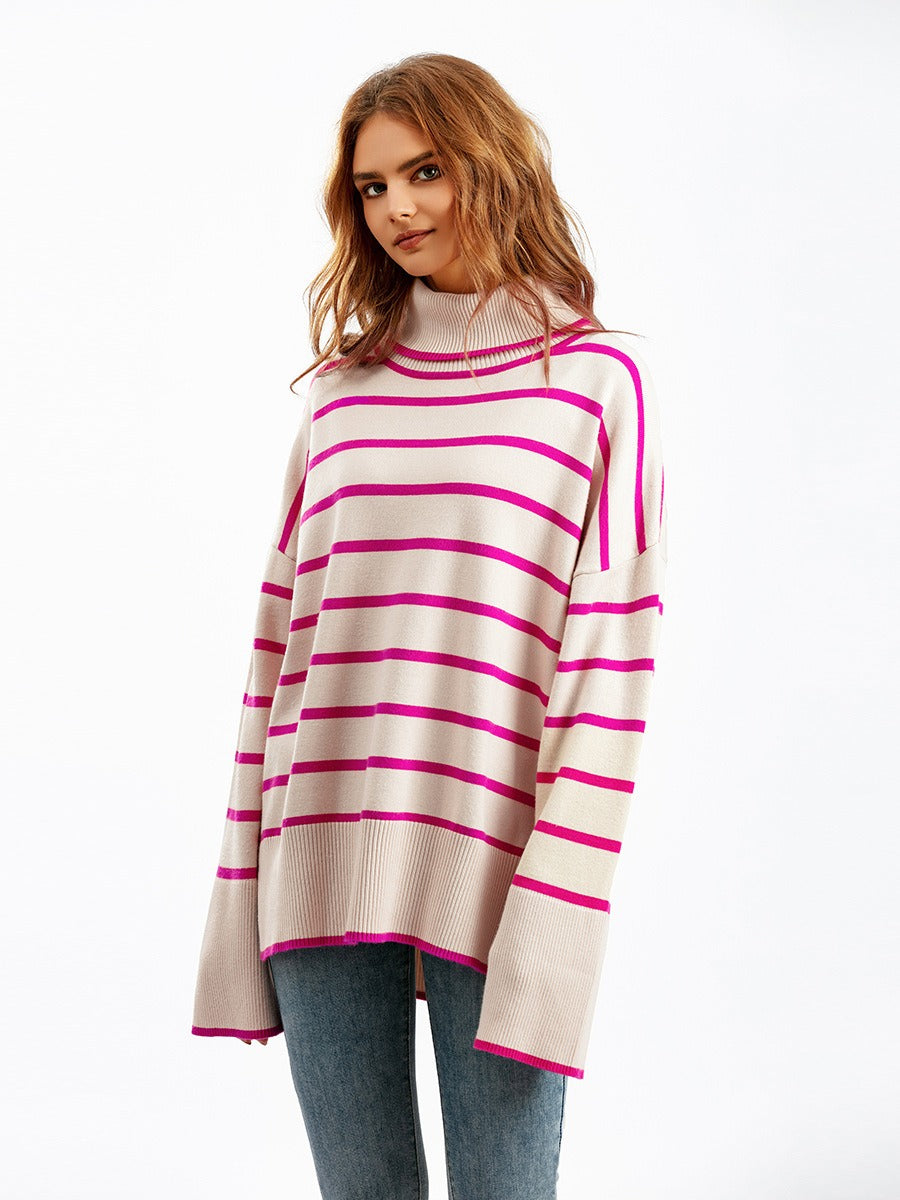 Elegant Autumn Winter Sweater Women Pullovers Loose Striped Casual Knit Chic Jumper Women Sweater