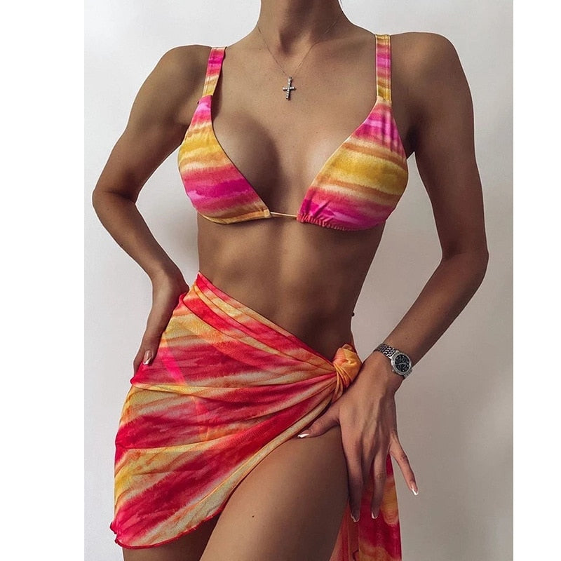 Sexy 3 Piece Bikini Set With Cover Up Beach Dress Tie Dye Push Up  Biquini Brazilian Swimwear Women Thong Bikinis Mujer