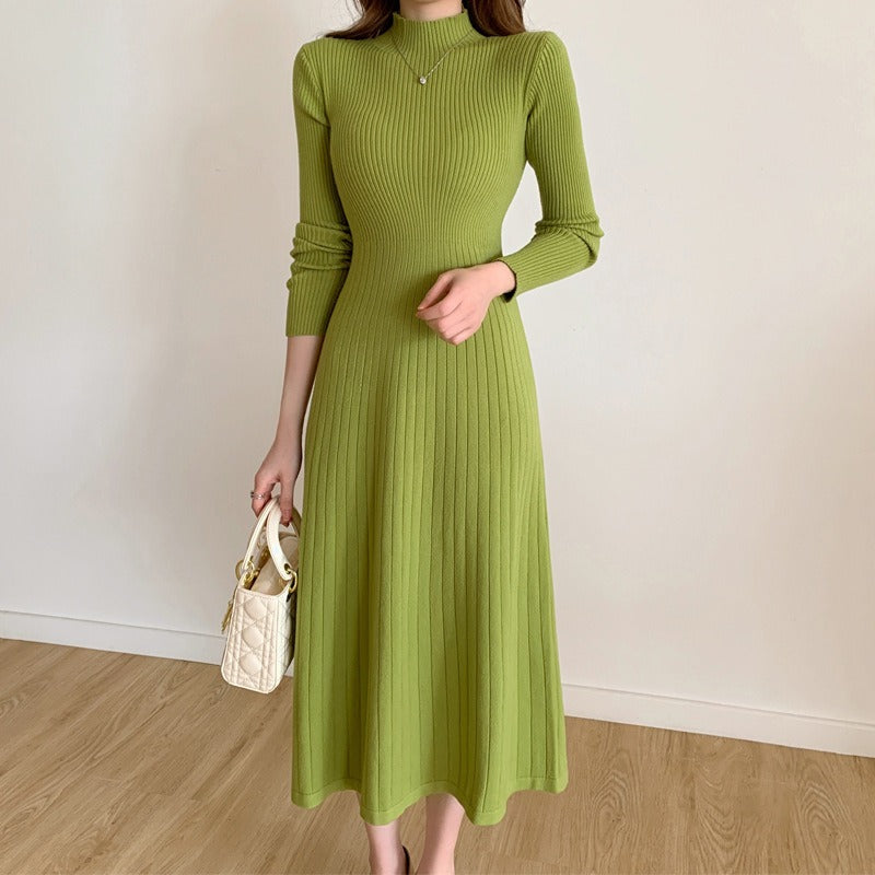 Mid length knee length sweater skirt with a half high collar and a bottom A-line knitted dress for women - Mammalook