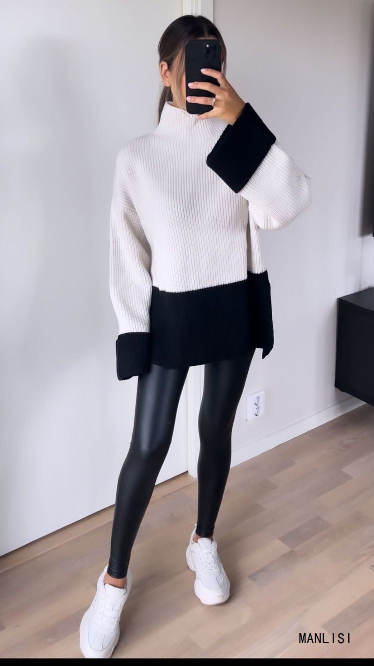 Women Knitted Patchwork Sweaters Slim Pullovers Mock Neck Long Sleeve Female Top